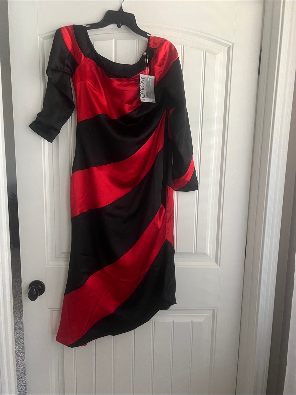 Red & Black Satin Stripe Asymmetrical Wrap Women's Dress